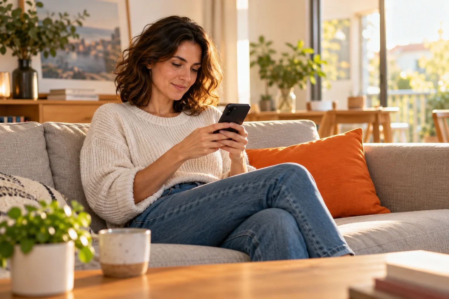 Mujer comparando seguros en el móvil desde el sofá de casa