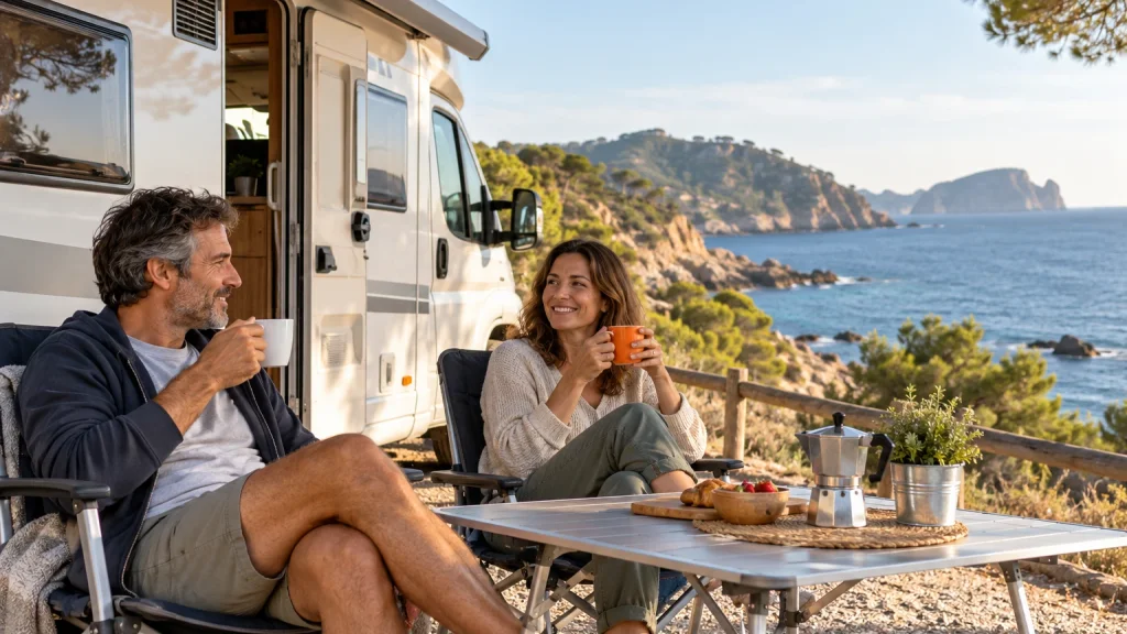 Pareja junto a su autocaravana