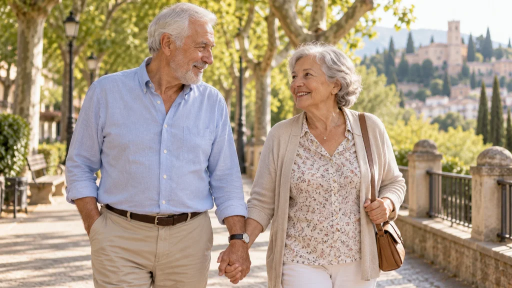 Pareja de personas mayores paseando de la mano