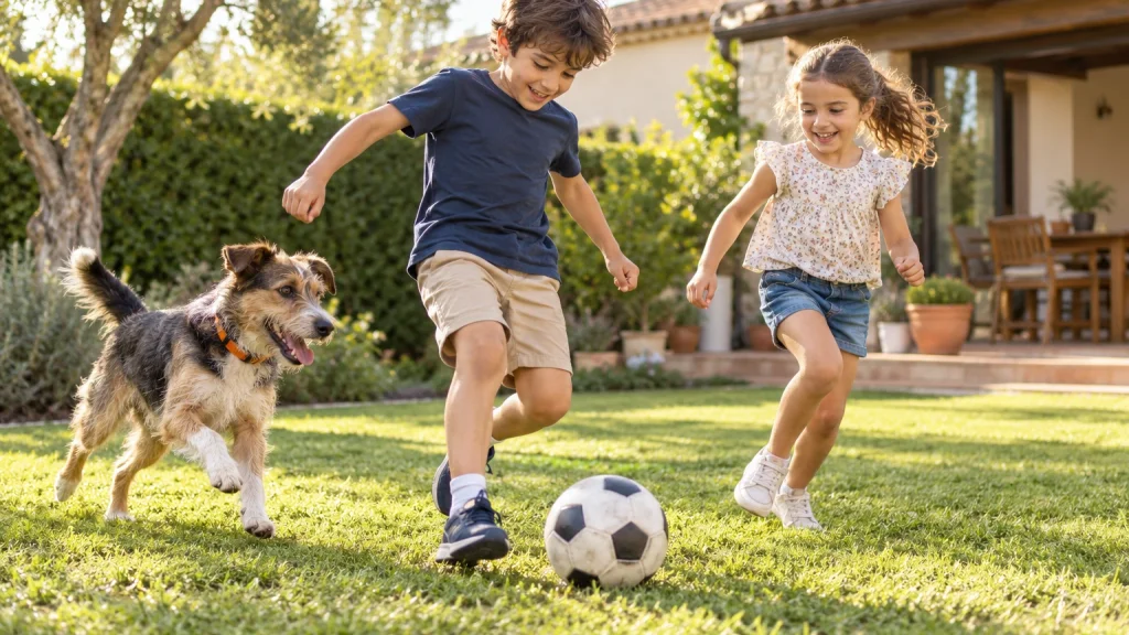 Niños jugando con su perro en el jardín