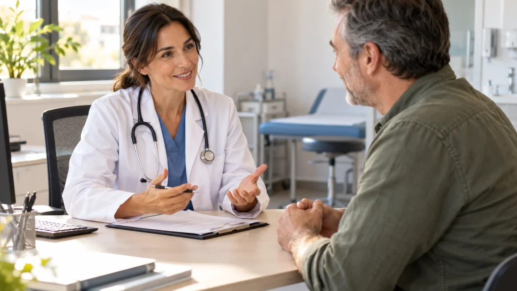 Médica atendiendo a un paciente en la consulta